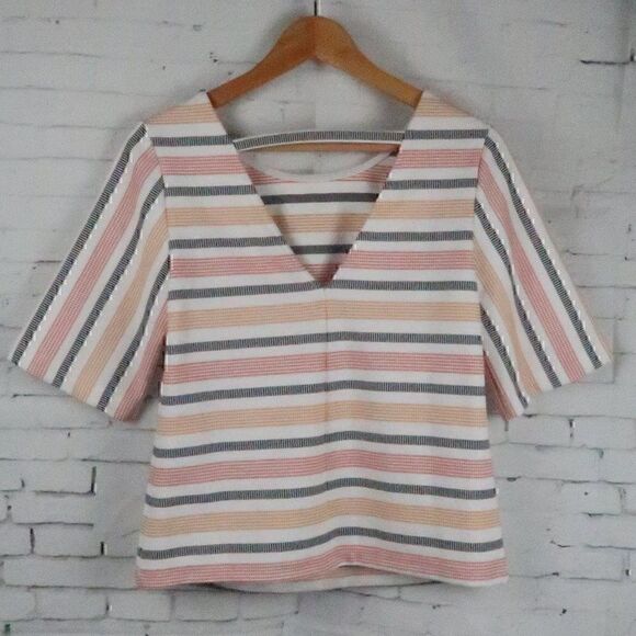 POMAGE CLOTHING WHITE WITH BLACK & ORANGE STRIPES 1/2 SLEEVE ROUND NECK TOP - Picture 6 of 8